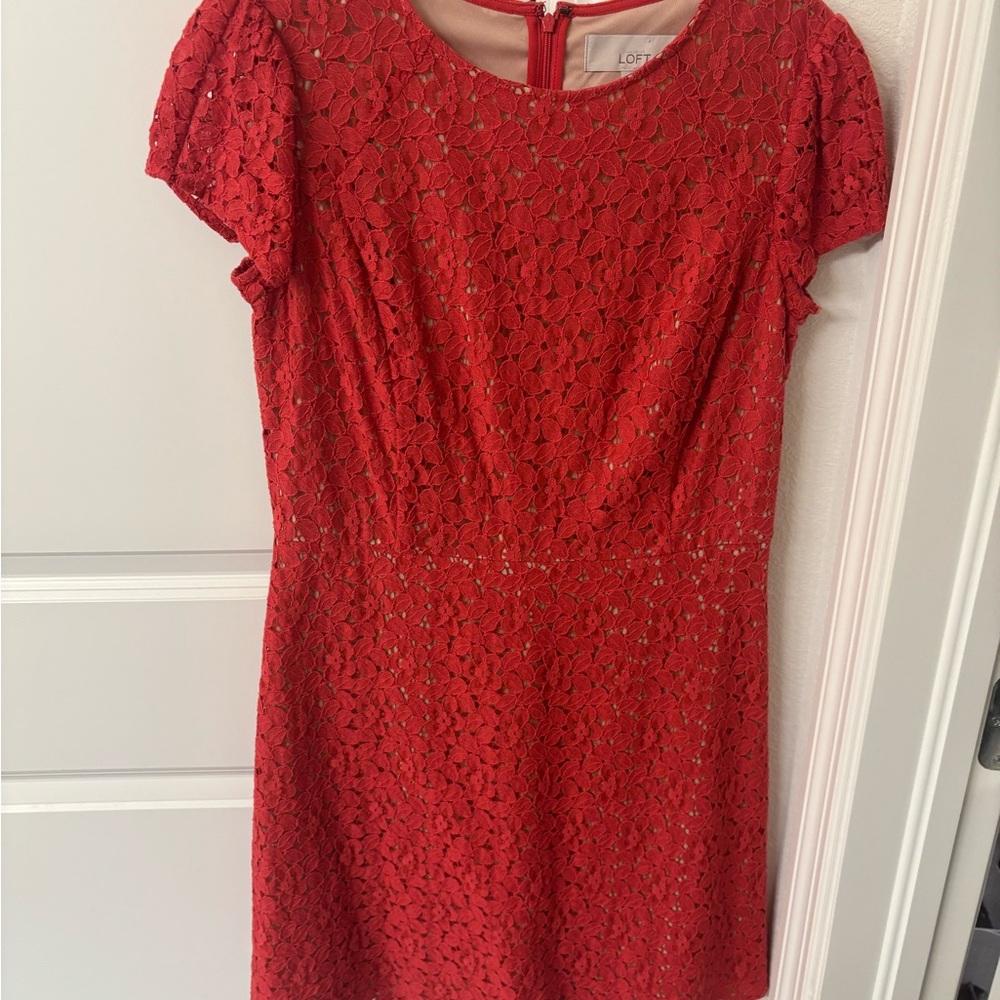 LOFT Red Sheath Mini Dress Puff Sleeve Crew Neck
